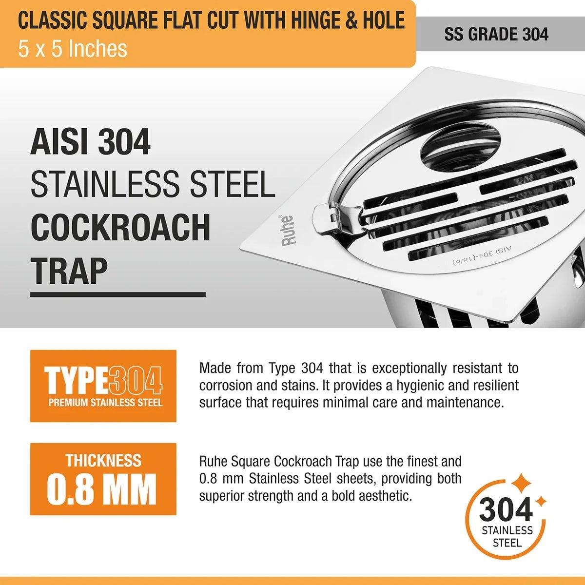 Ruhe Classic Square Flat Cut 304-Grade Floor Drain with Hinge Hole and Cockroach Trap - 5 x 5 Inches 4