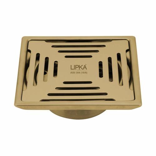 Lipka Green Exclusive Square Floor Drain in Yellow Gold PVD Coating (6 x 6 Inches) with Cockroach Trap