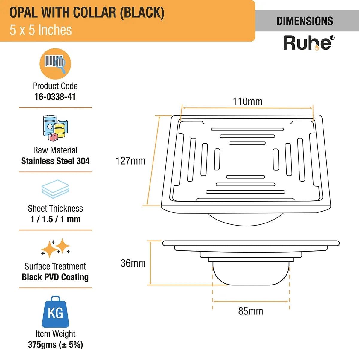 Ruhe Opal Square 304-Grade Floor Drain in Black PVD Coating 5 x 5 Inches 1