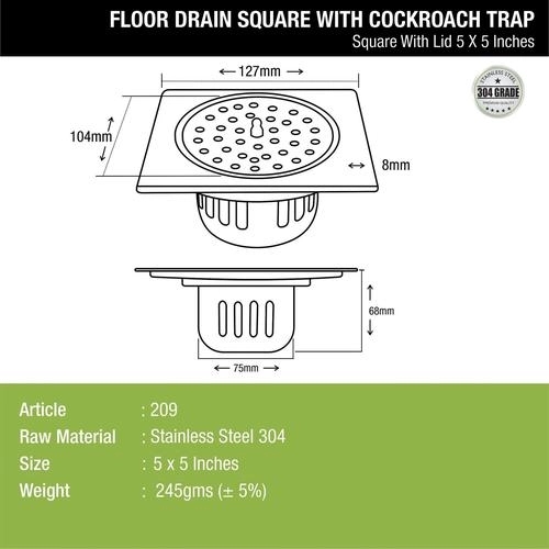 Lipka Square Floor Drain (5 x 5 Inches) with Lid and Cockroach Trap 1