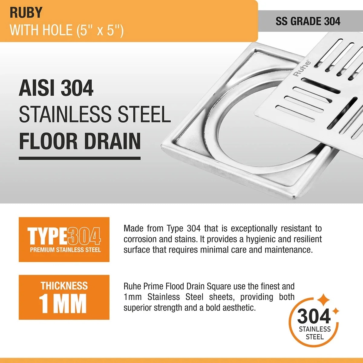 Ruhe Ruby Square 304 Grade Floor Drain With Hole 5 x 5 Inches by Ruhe : Colours available: Silver 5 4