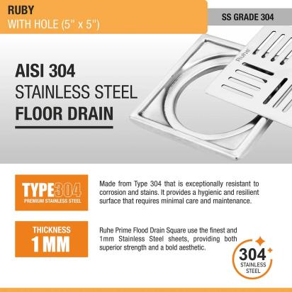 Ruhe Ruby Square 304 Grade Floor Drain With Hole 5 x 5 Inches by Ruhe : Colours available: Silver 5 4