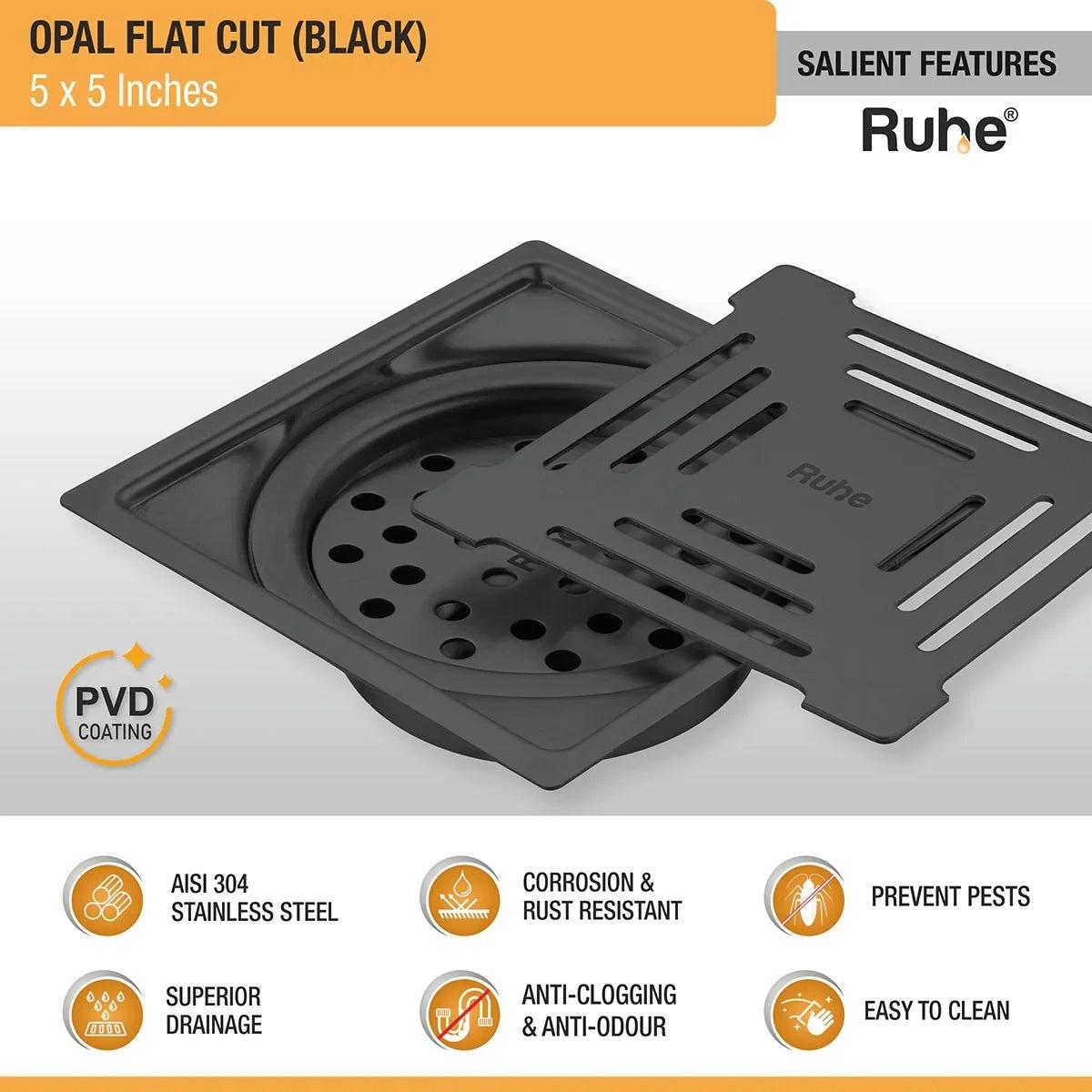 Ruhe Opal Square Flat Cut Floor Drain in Black PVD Coating (5 x 5 Inches) 3