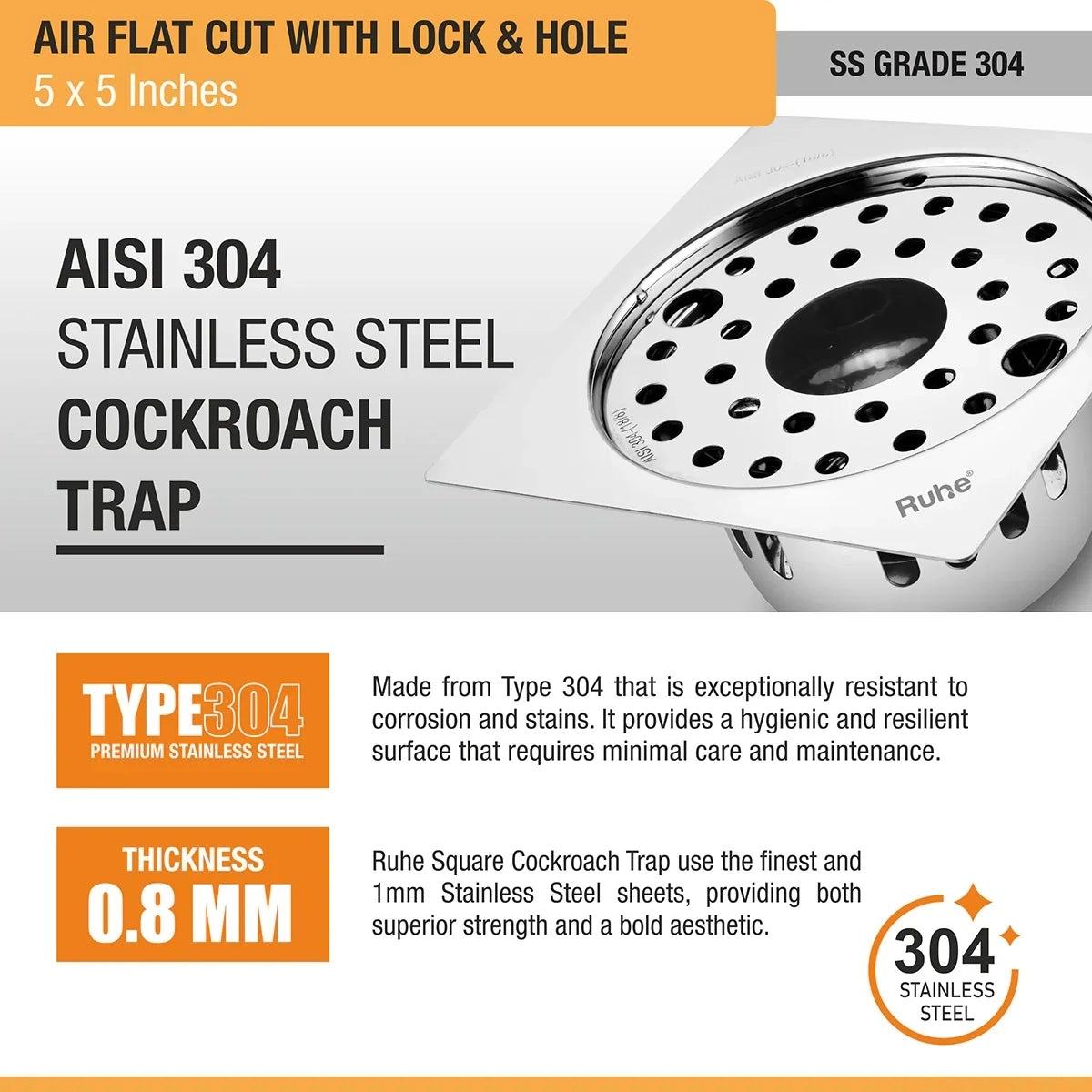 Ruhe Air Square Flat Cut 304-Grade Floor Drain with Lock Hole and Cockroach Trap 5 x 5 Inches 4