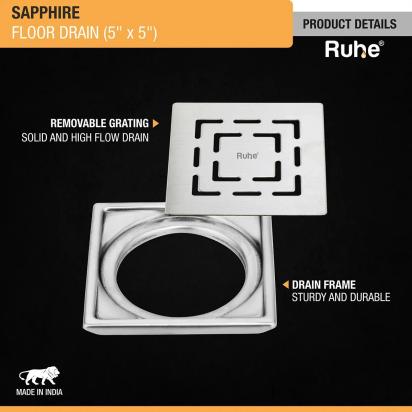 Ruhe Sapphire Square 304-Grade Floor Drain - 5 x 5 Inches by Ruhe : Colours available: Silver 3 3