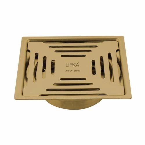 Green Exclusive Square Flat Cut Floor Drain in Yellow Gold PVD Coating (6 x 6 Inches) with Cockroach Trap