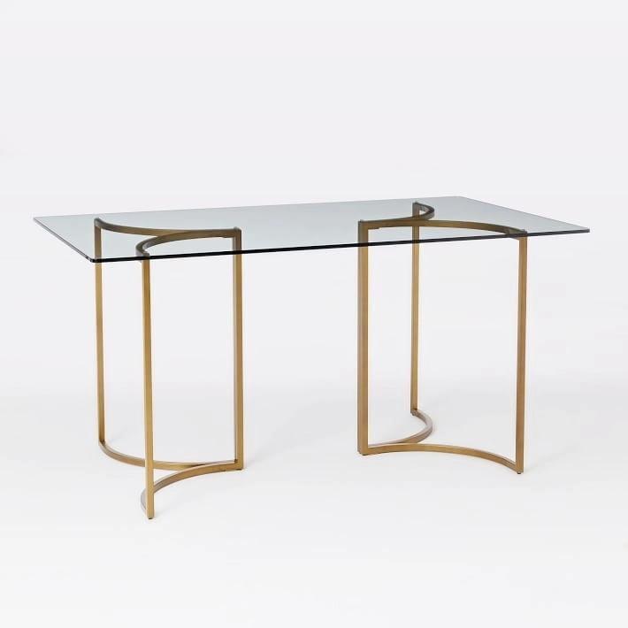 Asian Arts Modern Glam Glass Dining Table - Rectangular Top with Curved Gold Metal Base 1