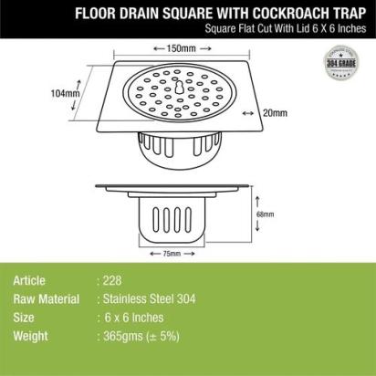 Lipka Square Flat Cut Floor Drain (6 x 6 Inches) with Lid and Cockroach Trap 2