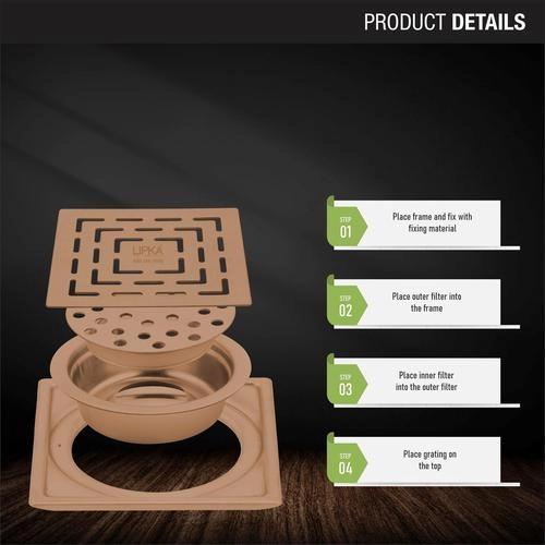 Lipka Orange Exclusive Square Floor Drain in Antique Copper PVD Coating (6 x 6 Inches) with Cockroach Trap 2