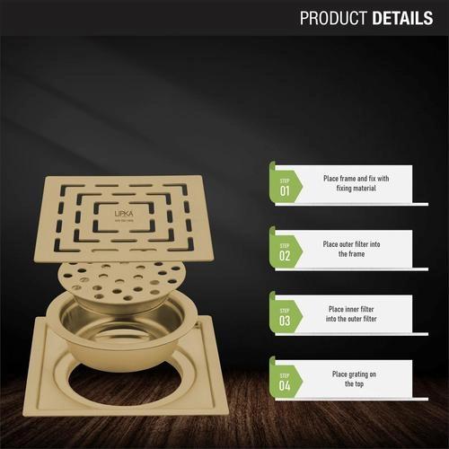 Lipka Orange Exclusive Square Flat Cut Floor Drain in Yellow Gold PVD Coating (6 x 6 Inches) with Cockroach Trap 2