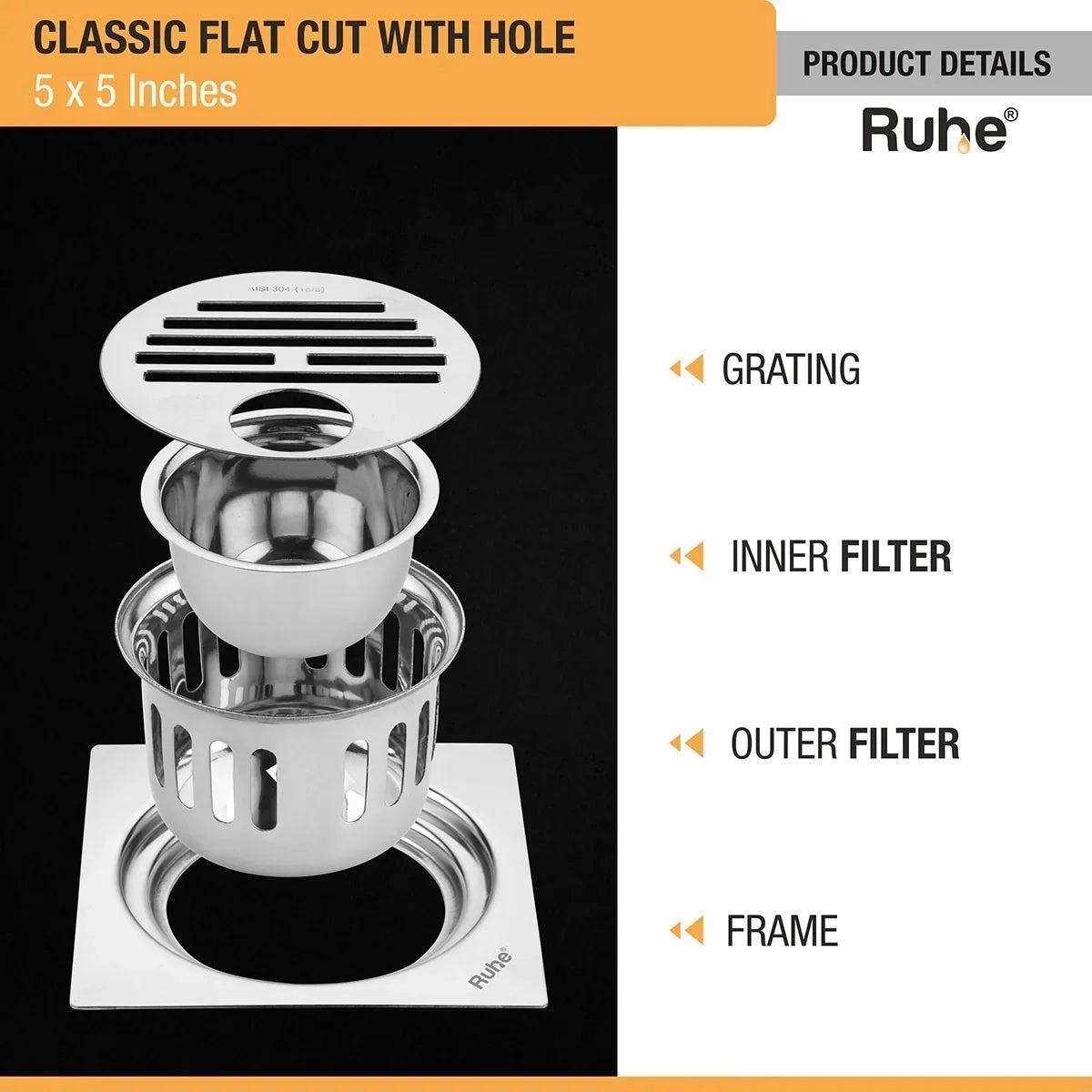Ruhe Classic Square Flat Cut 304-Grade Floor Drain with Hole and Cockroach Trap 5 x 5 Inches 3