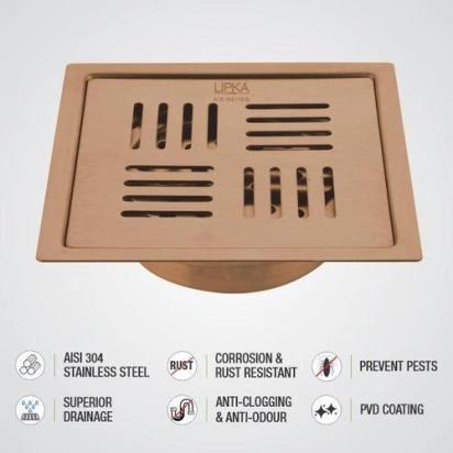 Lipka Pink Exclusive Square Flat Cut Floor Drain in Antique Copper PVD Coating (6 x 6 Inches) with Cockroach Trap 3
