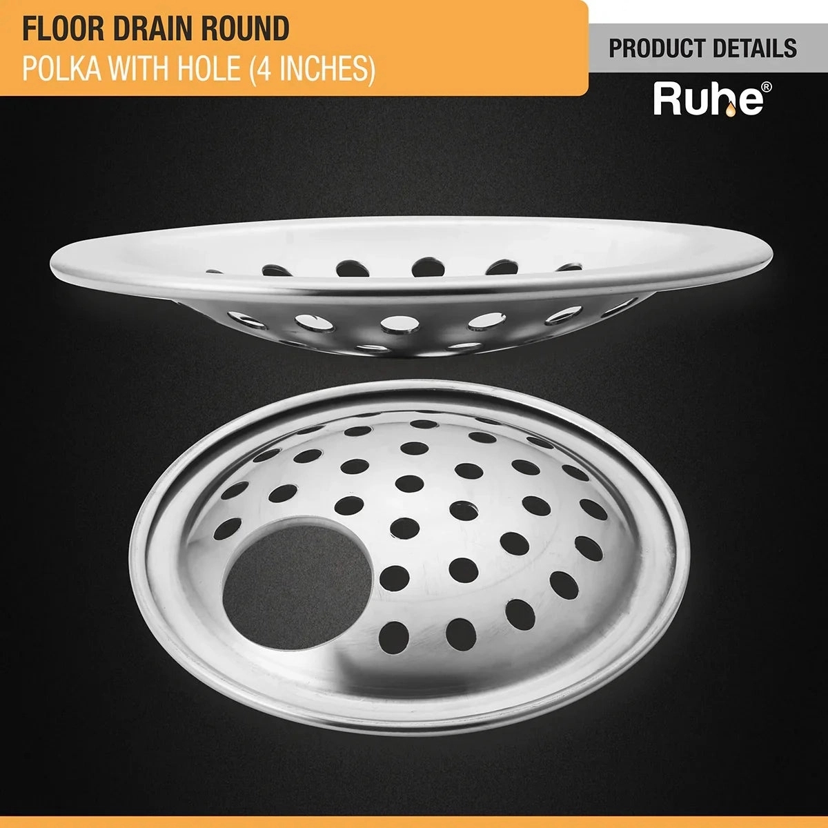 Ruhe Polka Round Floor Drain 4 Inches with Hole - Pack of 4 by Ruhe : Colours available: Silver 1 3