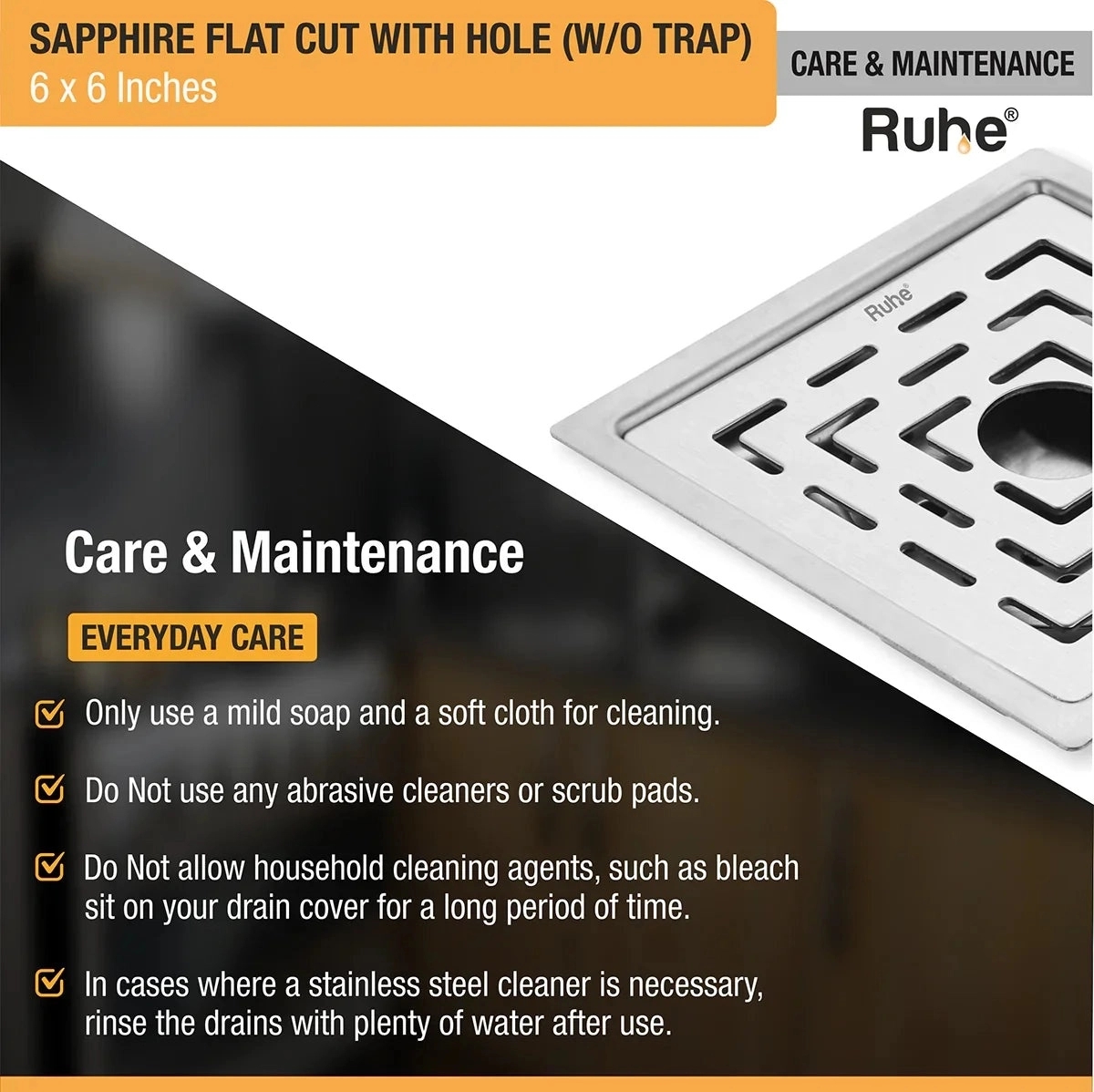 Ruhe Sapphire Square Flat Cut 304-Grade Floor Drain with Hole by Ruhe : Colours available: Silver 5 5