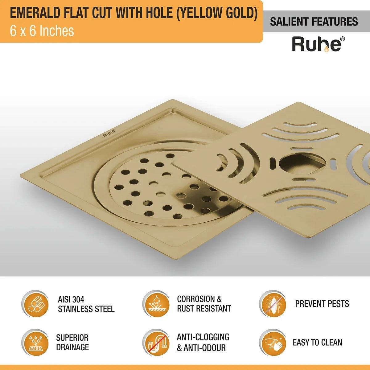 Ruhe Emerald Square Flat Cut Floor Drain In Yellow Gold PVD Coating - 6 x 6 Inches With Hole 3