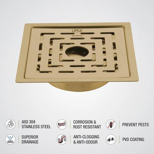 Lipka Orange Exclusive Square Flat Cut Floor Drain in Yellow Gold PVD Coating (6 x 6 Inches) with Hole & Cockroach Trap 3