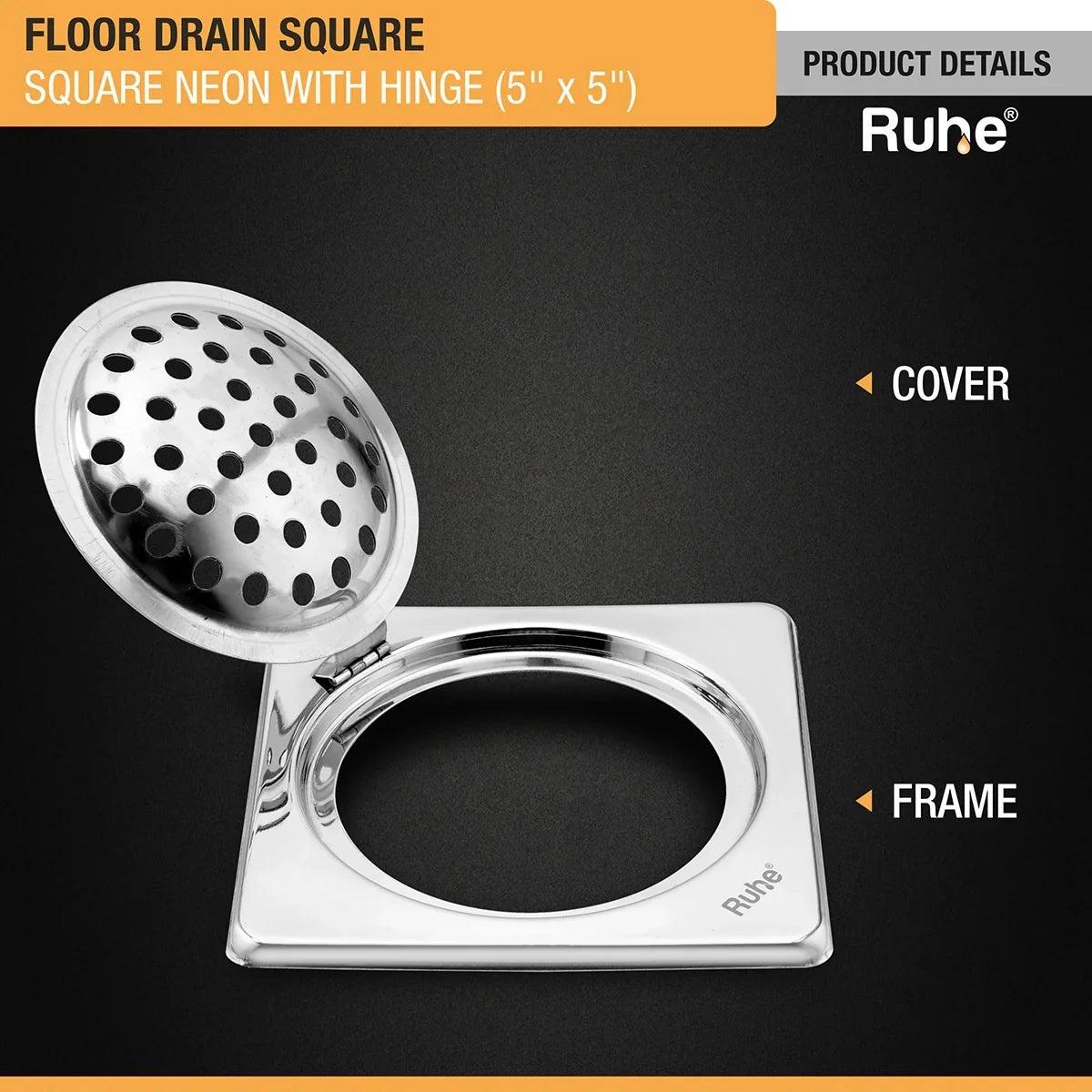 Ruhe Square Neon Floor Drain - 5 x 5 Inches With Hinged Grating Top 3