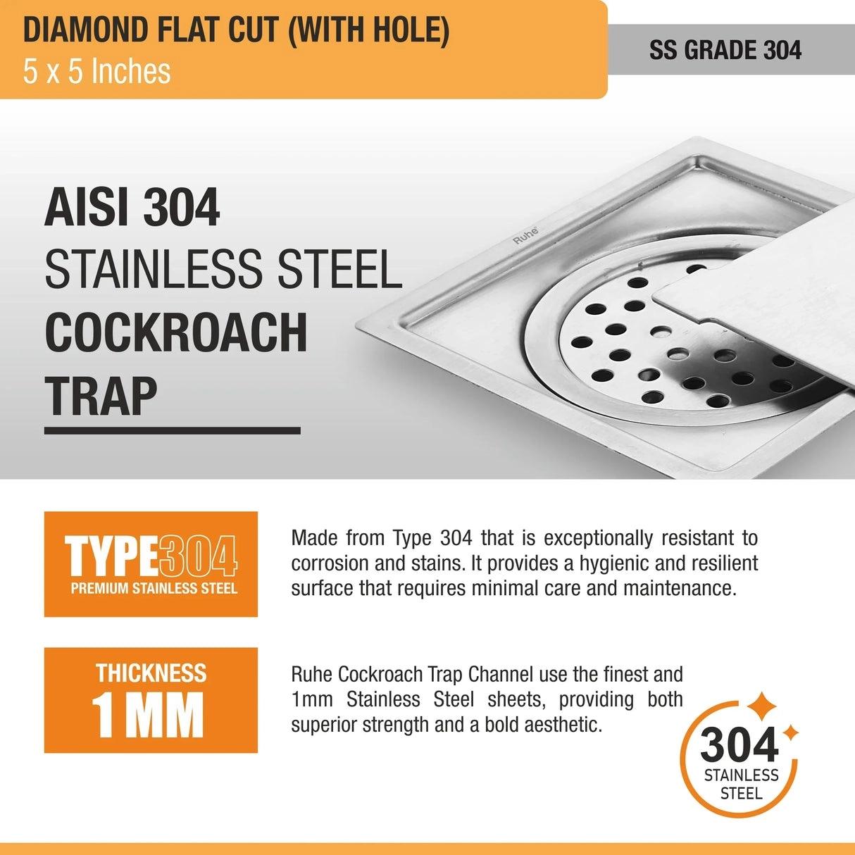 Ruhe Diamond Square Flat Cut 304-Grade Floor Drain with Hole And Cockroach Trap 5 x 5 Inches 4