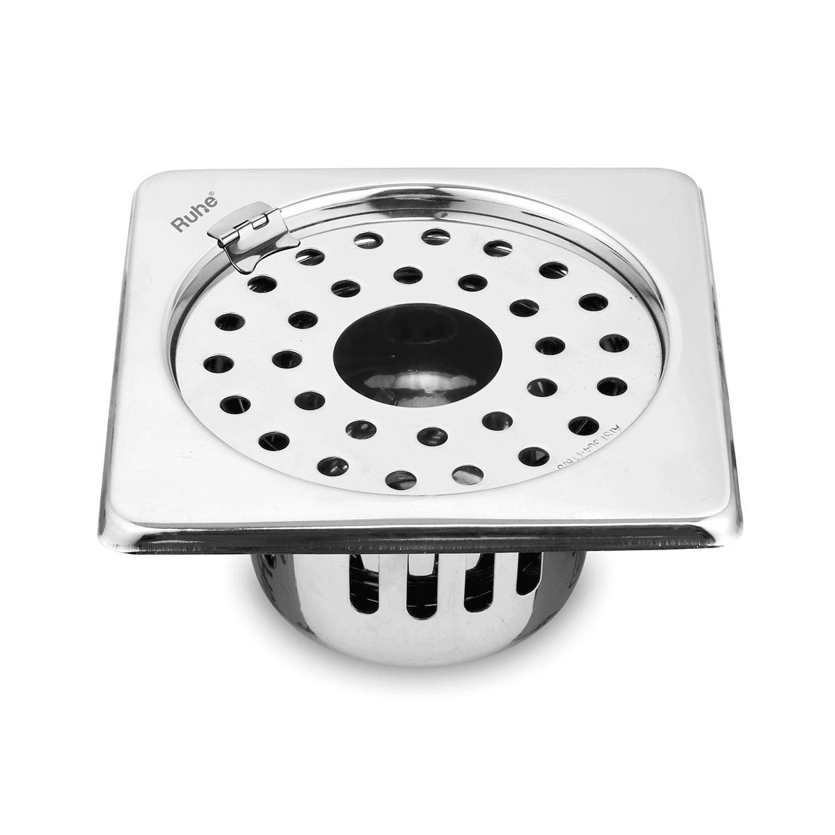 Ruhe Air Square 304-Grade Floor Drain with Collar Hinge Hole and Cockroach Trap - 5 x 5 Inches