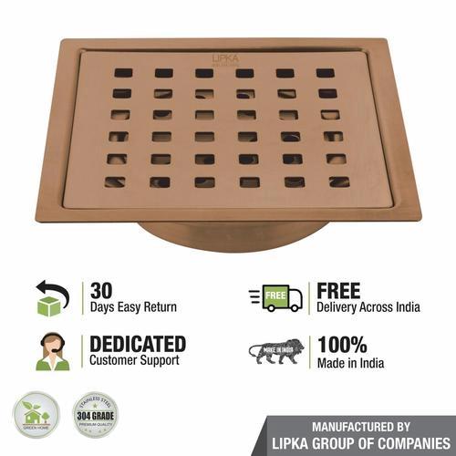 Lipka Red Exclusive Square Flat Cut Floor Drain in Antique Copper PVD Coating (5 x 5 Inches) with Cockroach Trap 4