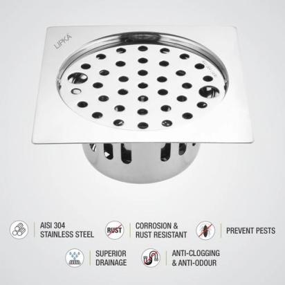 Lipka Square Flat Cut Floor Drain (5 x 5 Inches) with Lock and Cockroach Trap 2