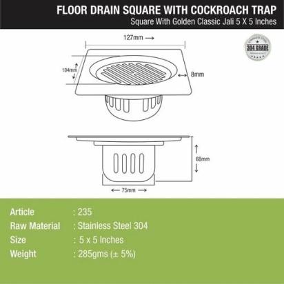 Lipka Golden Classic Jali Square Floor Drain (5 x 5 Inches) with Cockroach Trap 1