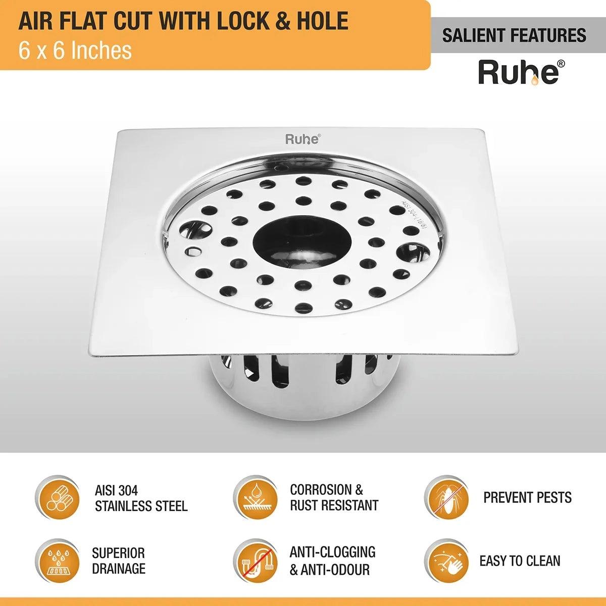 Ruhe Air Square Flat Cut 304-Grade Floor Drain with Lock Hole and Cockroach Trap 6 x 6 Inches 2