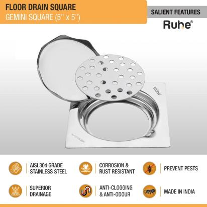 Ruhe Gemini Square 304 - Grade Floor Drain With Hinge 5 x 5 Inches by Ruhe : Colours available: Silver 2 2