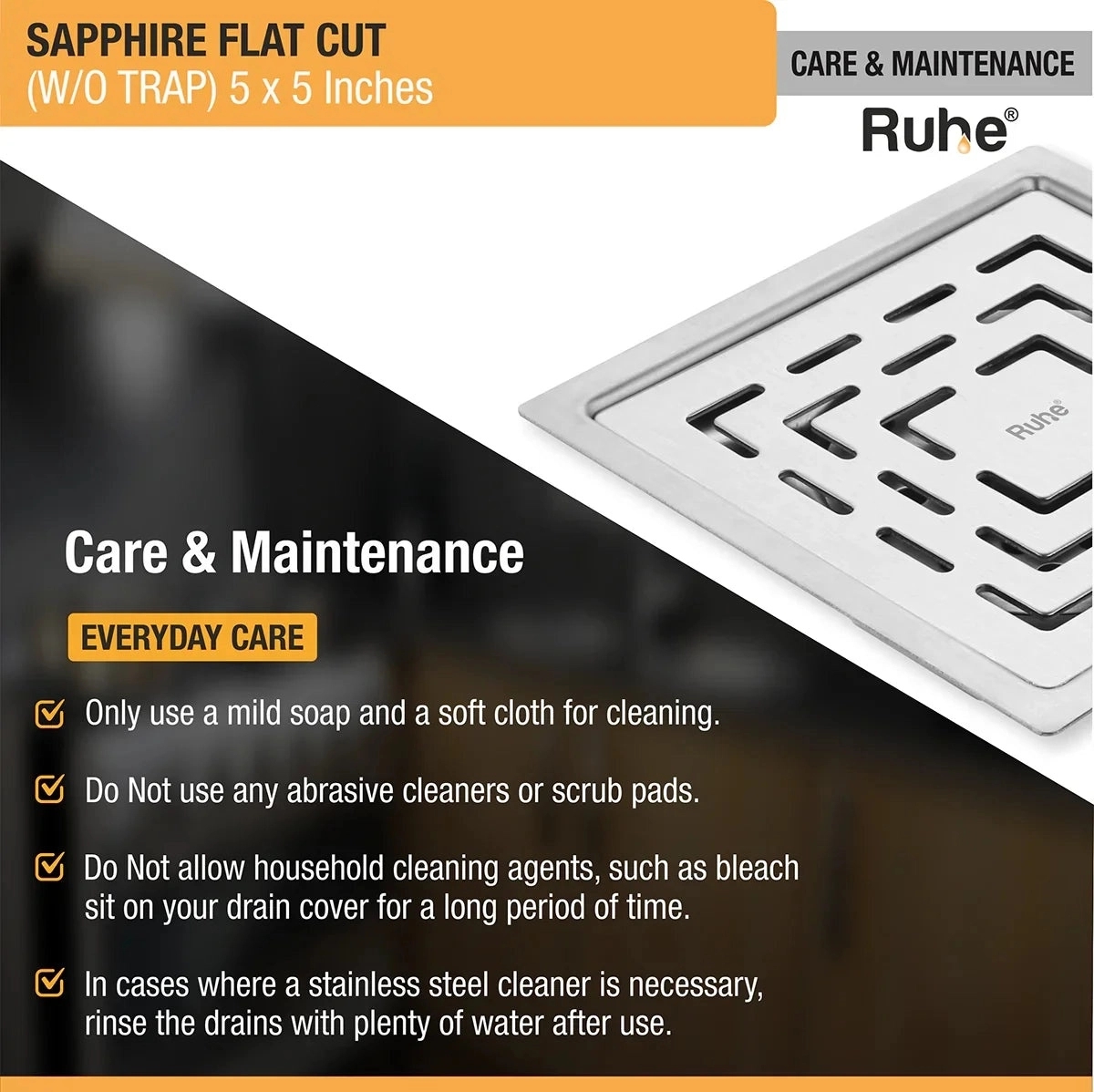 Ruhe Sapphire Square Flat Cut 304 Grade Floor Drain - (5 x 5 Inches) by Ruhe : Colours available: Silver 3 5