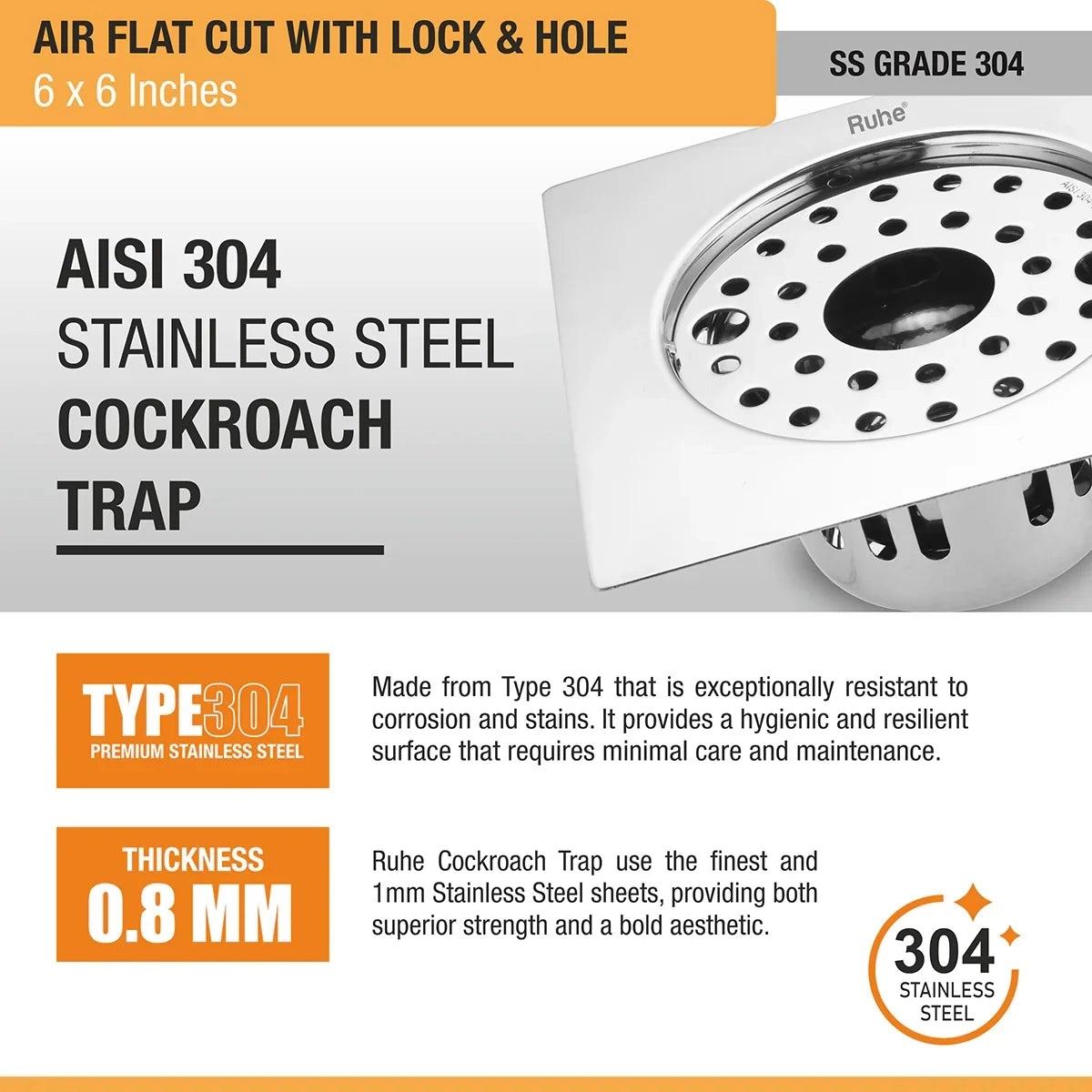 Ruhe Air Square Flat Cut 304-Grade Floor Drain with Lock Hole and Cockroach Trap 6 x 6 Inches 4