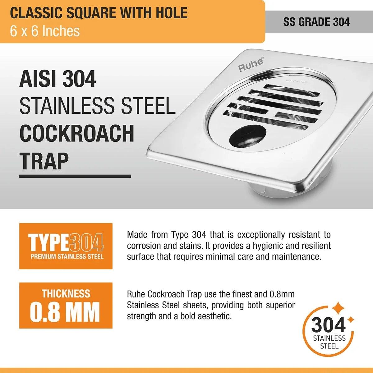 Ruhe Classic Square 304-Grade Floor Drain with Collar Hole and Cockroach Trap - 6 x 6 Inches 4