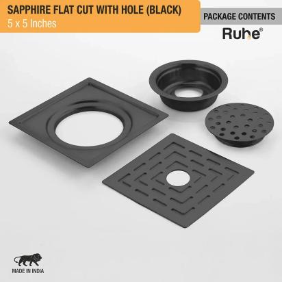 Ruhe Sapphire Square Flat Cut Floor Drain in Black PVD Coating 5 x 5 Inches with Hole by Ruhe : Colours available: Black 5 6