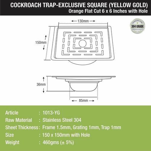 Lipka Orange Exclusive Square Flat Cut Floor Drain in Yellow Gold PVD Coating (6 x 6 Inches) with Hole & Cockroach Trap 1