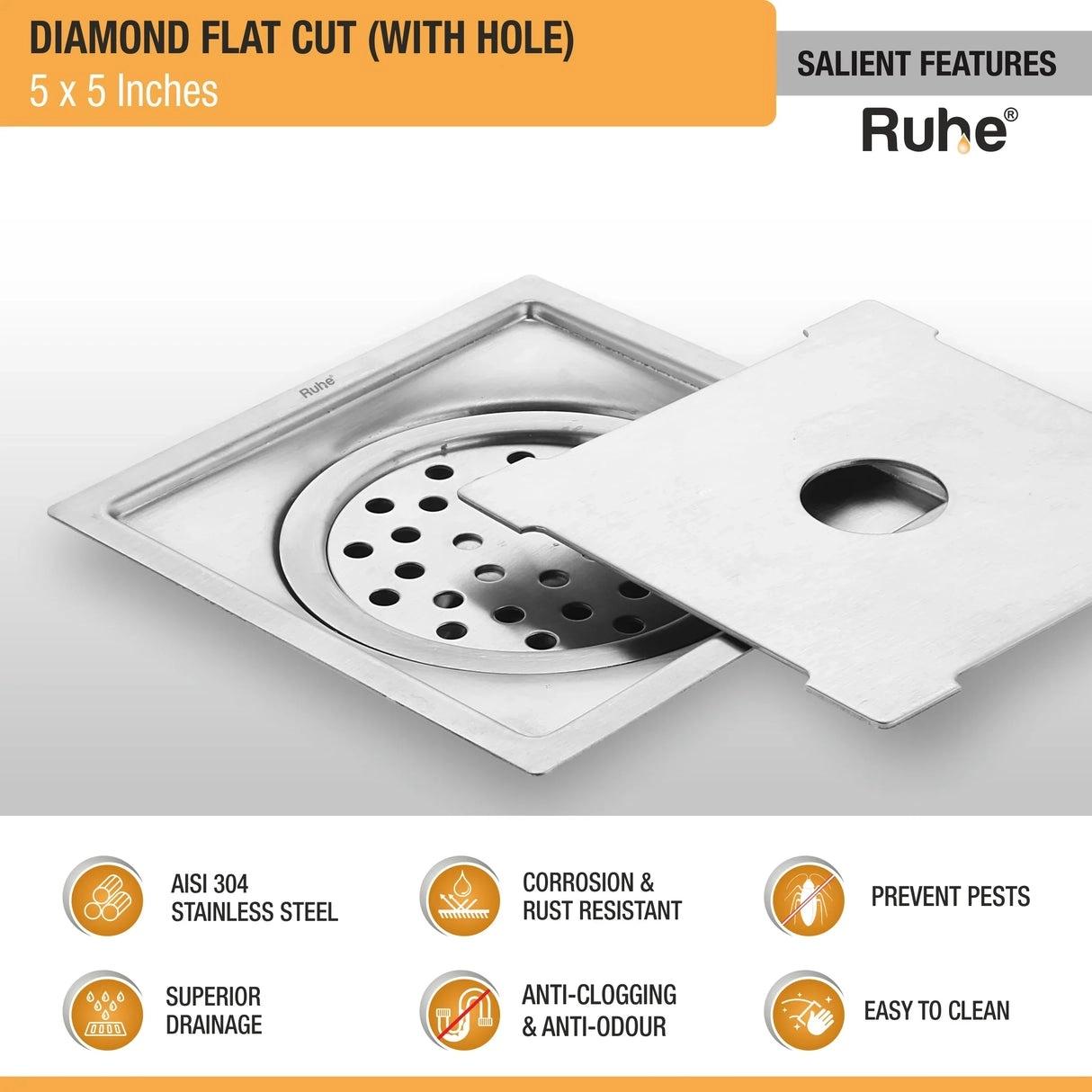 Ruhe Diamond Square Flat Cut 304-Grade Floor Drain with Hole And Cockroach Trap 5 x 5 Inches 3