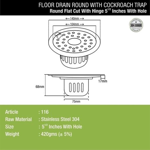 Lipka Round Flat Cut Floor Drain (5.5 inches) with Hinge, Hole & Cockroach Trap 1