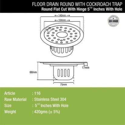 Lipka Round Flat Cut Floor Drain (5.5 inches) with Hinge, Hole & Cockroach Trap 1