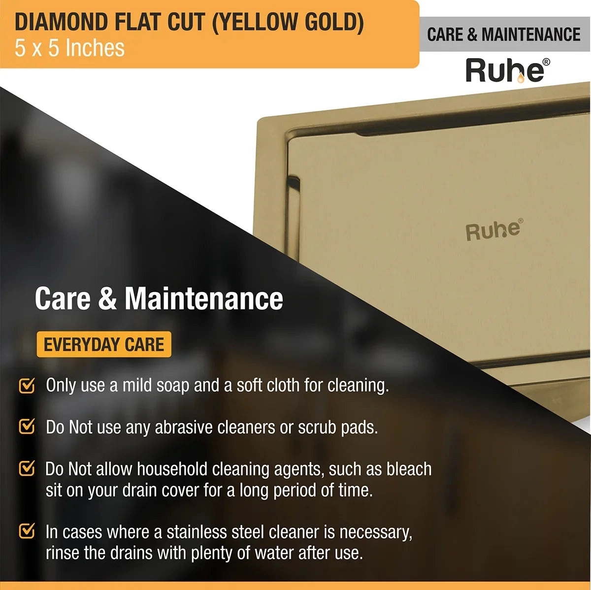 Ruhe Diamond Square Flat Cut Floor Drain in Yellow Gold PVD Coating 5 x 5 Inches by Ruhe : Colours available: Gold 5 5