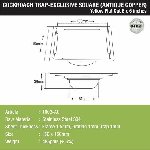 Lipka Yellow Exclusive Square Flat Cut Floor Drain in Antique Copper PVD Coating (6 x 6 Inches) with Cockroach Trap 1
