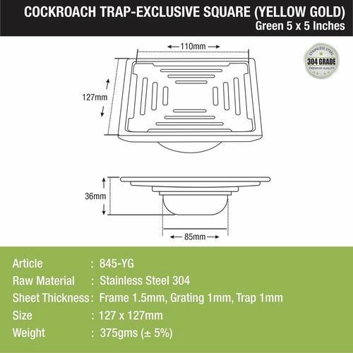 Lipka Green Exclusive Square Floor Drain in Yellow Gold PVD Coating (5 x 5 Inches) with Cockroach Trap 1