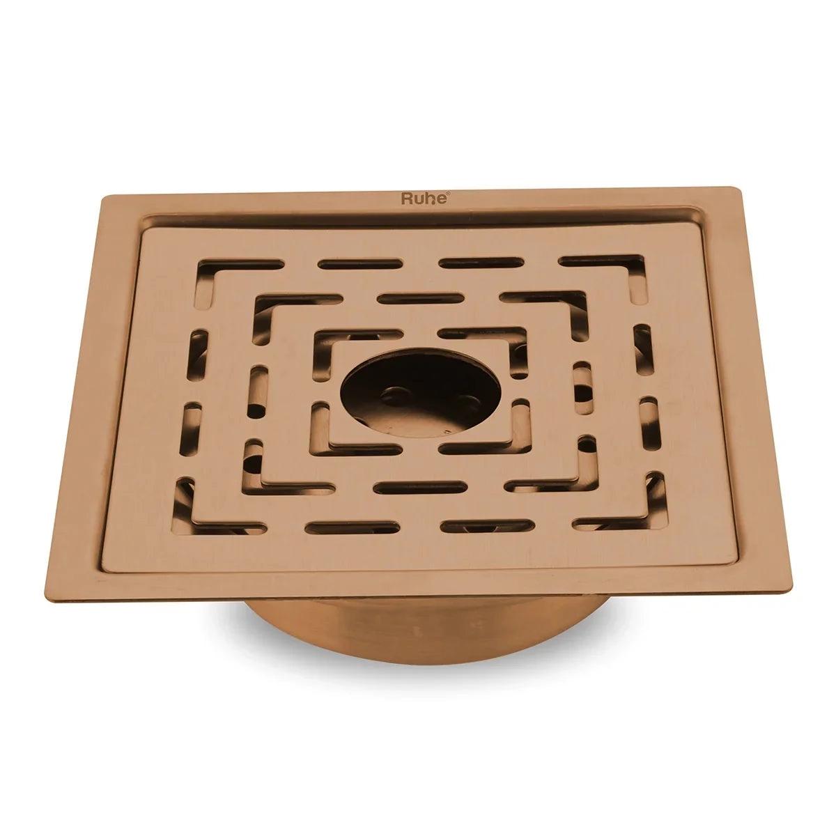 Ruhe Sapphire Square Flat Cut Floor Drain in Antique Copper PVD Coating 5 x 5 Inches with Hole