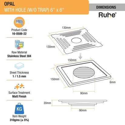 Ruhe Opal Square 304-Grade Floor Drain with Hole 6 x 6 Inches by Ruhe : Colours available: Silver 2 1