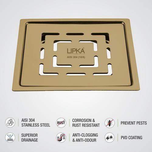 Lipka Orange Exclusive Square Flat Cut Floor Drain in Yellow Gold PVD Coating (5 x 5 Inches) 2