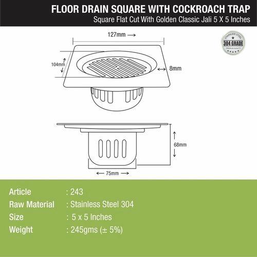 Lipka Golden Classic Jali Square Flat Cut Floor Drain (5 x 5 Inches) with Cockroach Trap 1