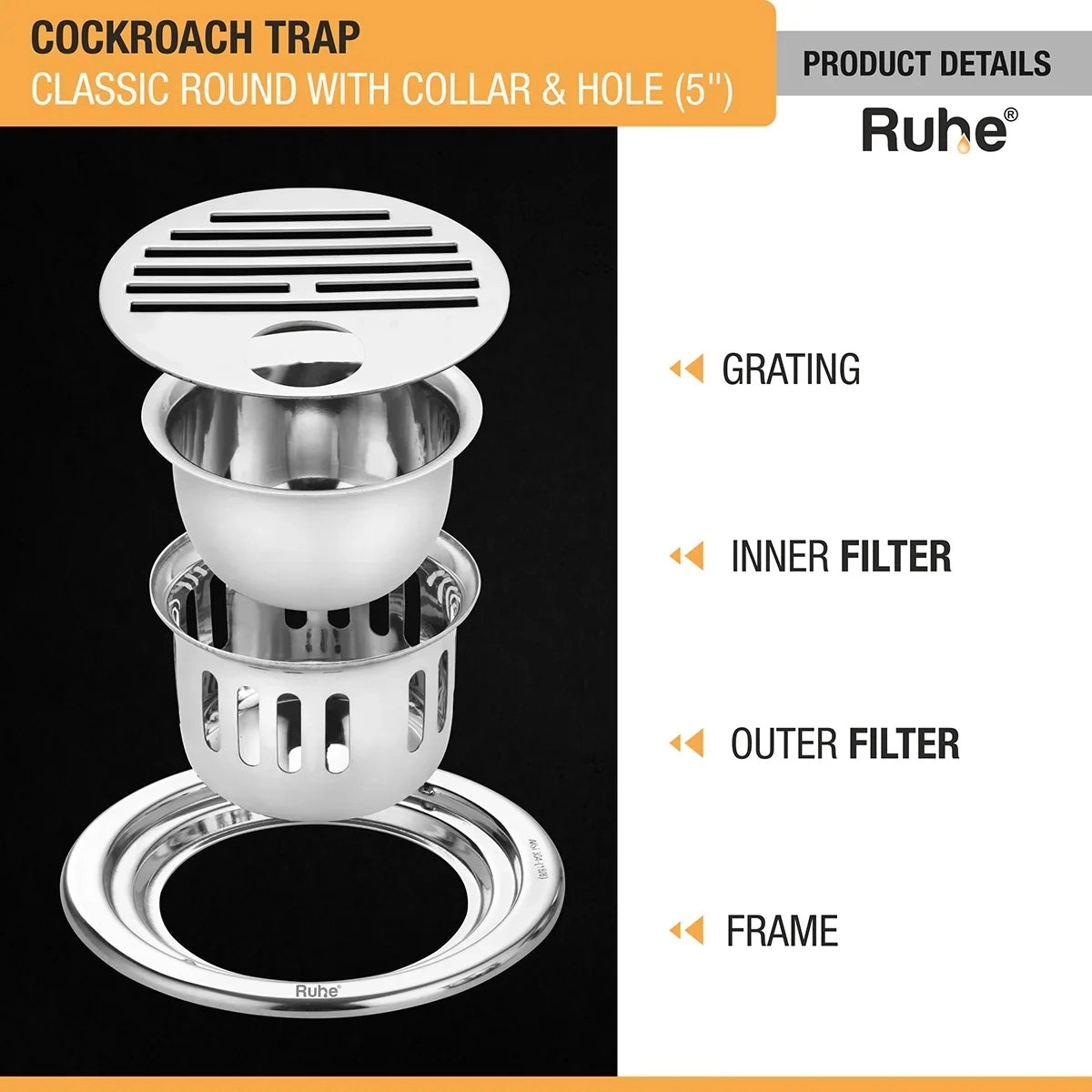 Ruhe Classic Round 304-Grade Floor Drain with Collar Hole and Cockroach Trap by Ruhe : Colours available: Silver 5 3