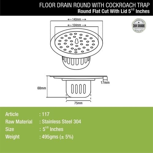 Lipka Round Flat Cut Floor Drain (5.5 inches) with Cockroach Trap & Lid 1