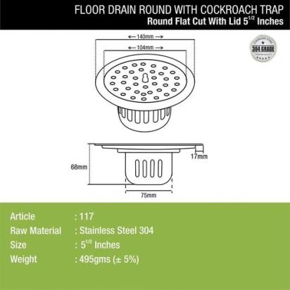 Lipka Round Flat Cut Floor Drain (5.5 inches) with Cockroach Trap & Lid 1