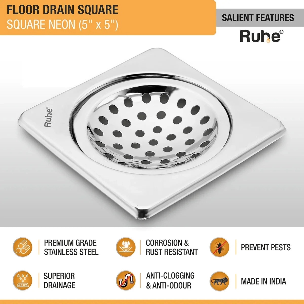 Ruhe Neon Square Floor Drain 5 x 5 Inches by Ruhe : Colours available: Silver 2 2