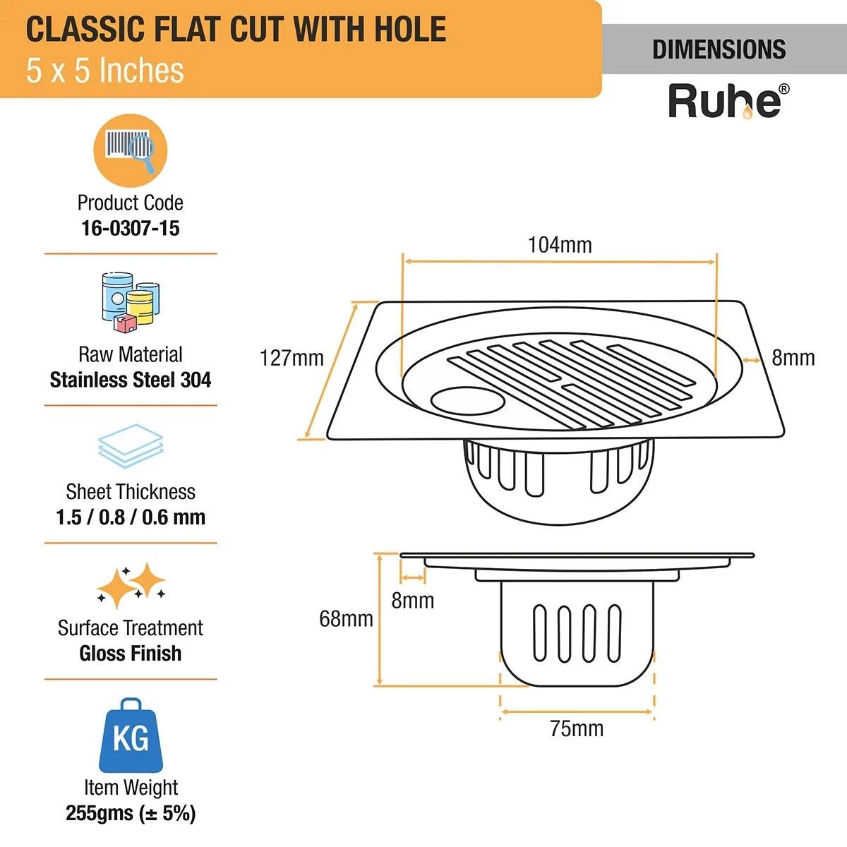 Ruhe Classic Square Flat Cut 304-Grade Floor Drain with Hole and Cockroach Trap 5 x 5 Inches 1