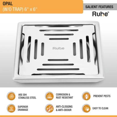 Ruhe Opal Square 304-Grade Floor Drain 6 x 6 Inches by Ruhe : Colours available: Silver 1 2
