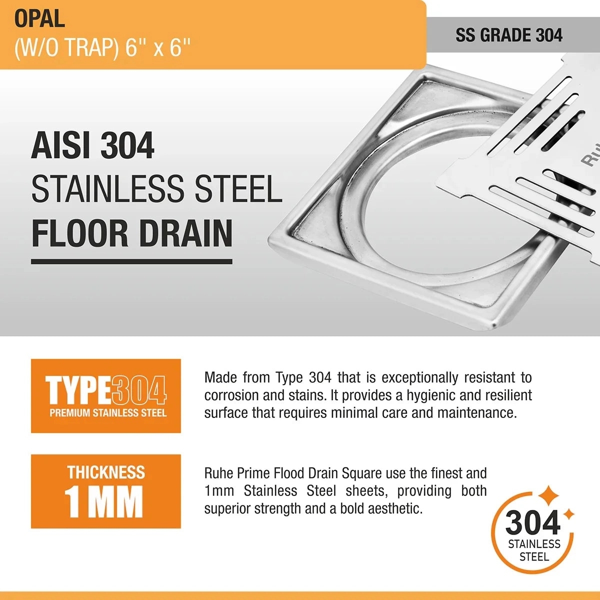Ruhe Opal Square 304-Grade Floor Drain 6 x 6 Inches by Ruhe : Colours available: Silver 4 4